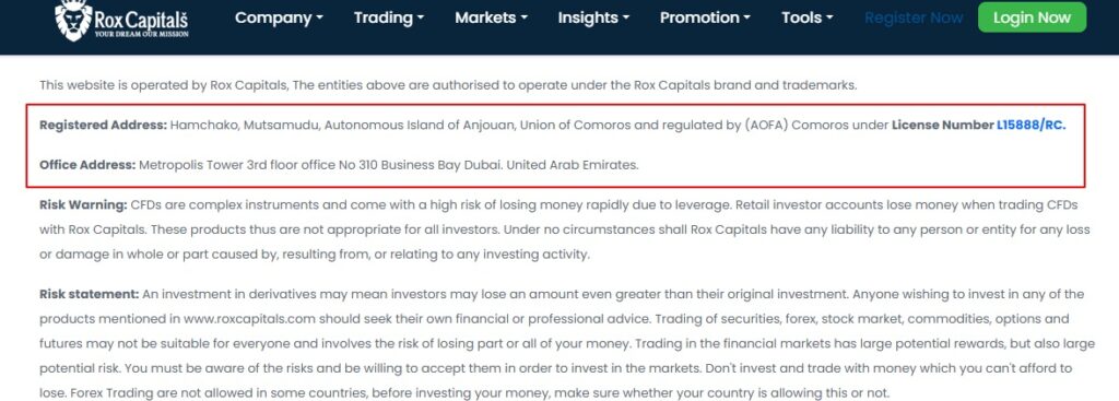 Rox Capitals Regulation