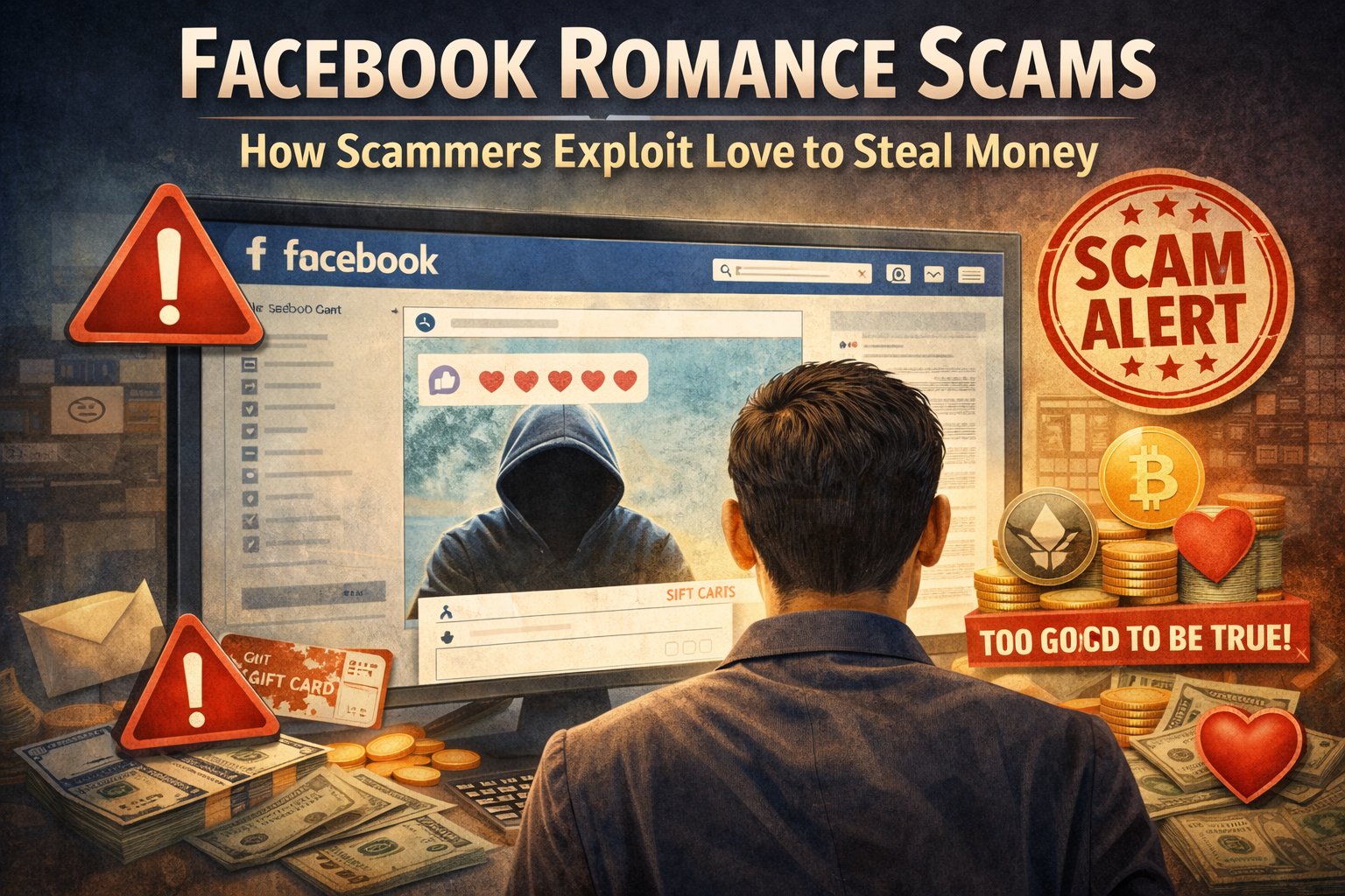 This illustration warns about Facebook romance scams, showing how scammers exploit emotions and trust to defraud victims financially.