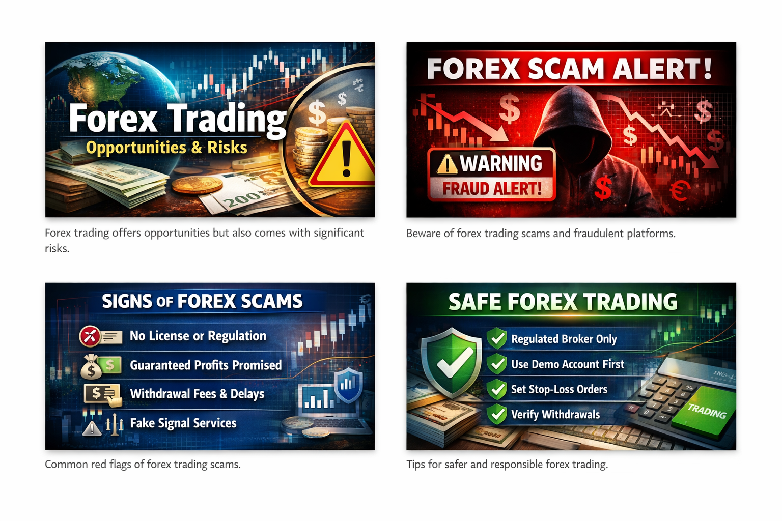 Forex trading market showing currency charts, global currencies, and risk warning symbols