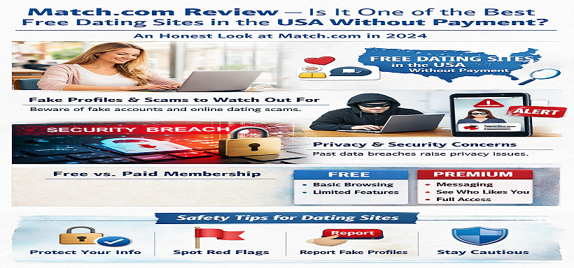 Match.com Review blog article discussing free dating sites without payment, featuring sections on fake profiles, security concerns, membership comparison, and safety tips for online dating.