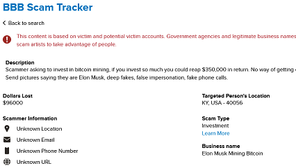 Elon Musk Mining Bitcoin scam warning with blocked withdrawals