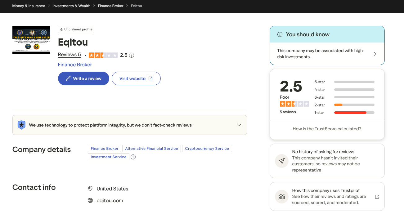 Eqitou review showing cryptocurrency investment concerns, investor reports, and withdrawal issues